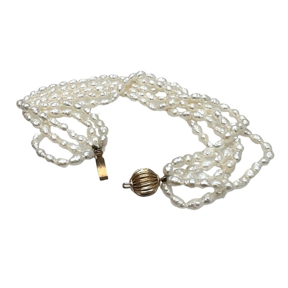 VINTAGE 8" LONG 5 STRAND RICE FRESHWATER PEARL WITH 14K BALL CLASP BRACELET - Picture 6 of 9